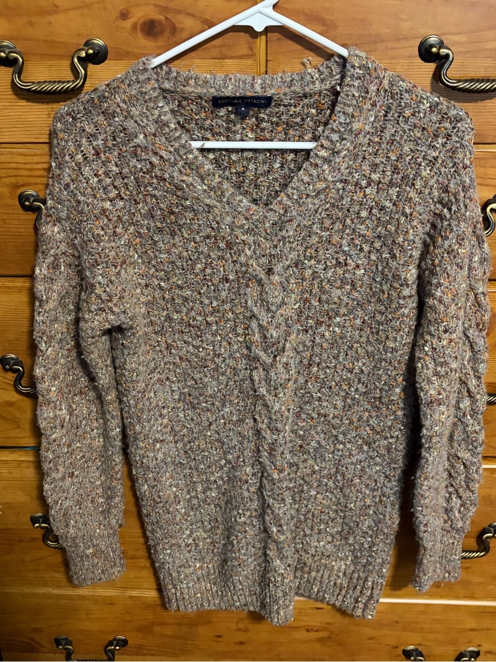 Adrienne Vittadini Taupe Speckled Cable-Knit V-Neck Sweater